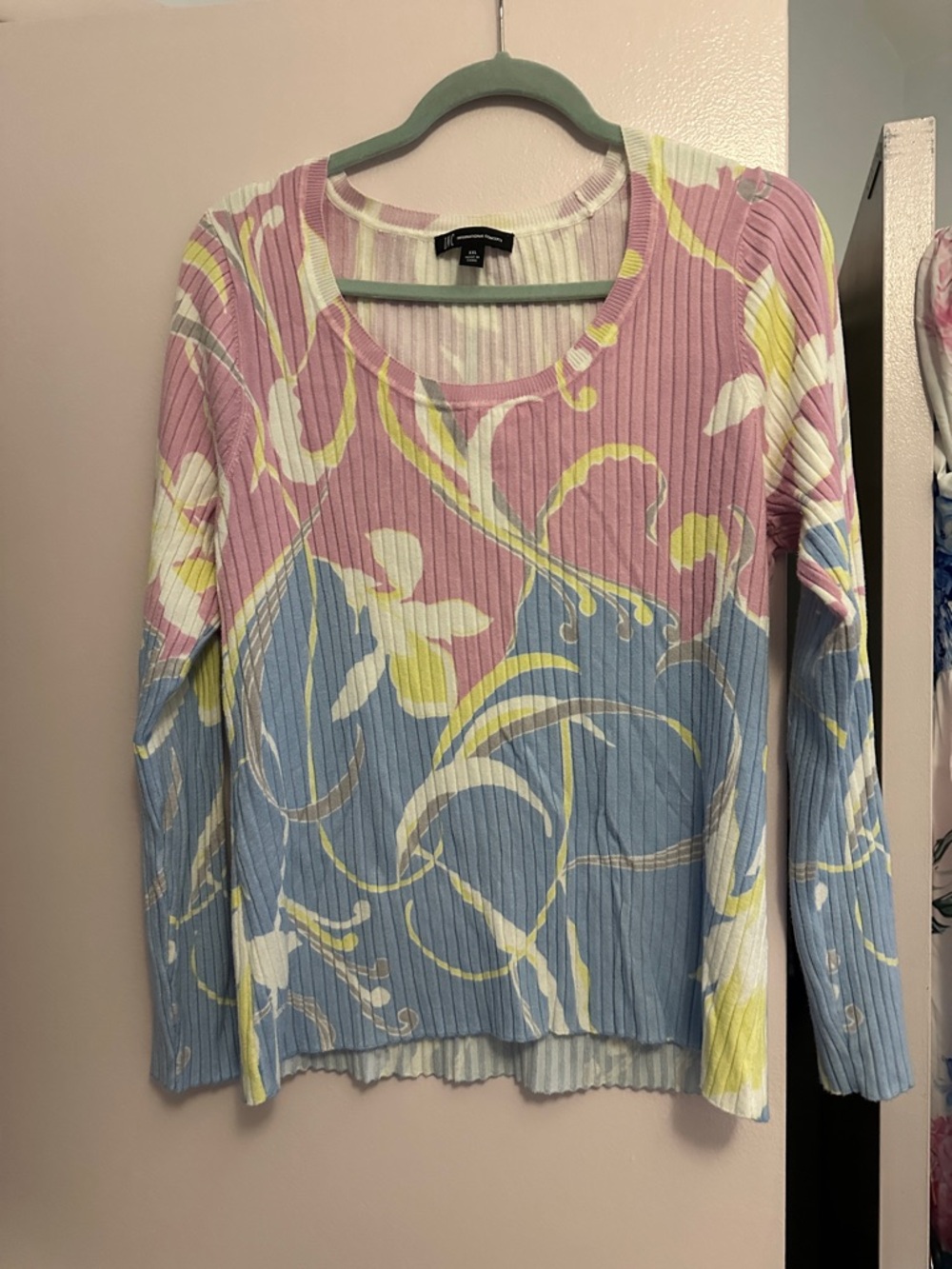 INC International Concepts Pastel Floral Ribbed Top in Pink, Blue & Yellow